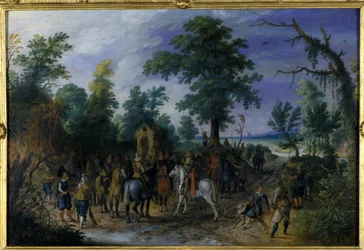 Kavallerie und Infanterie vor einer Kapelle, vor 1610